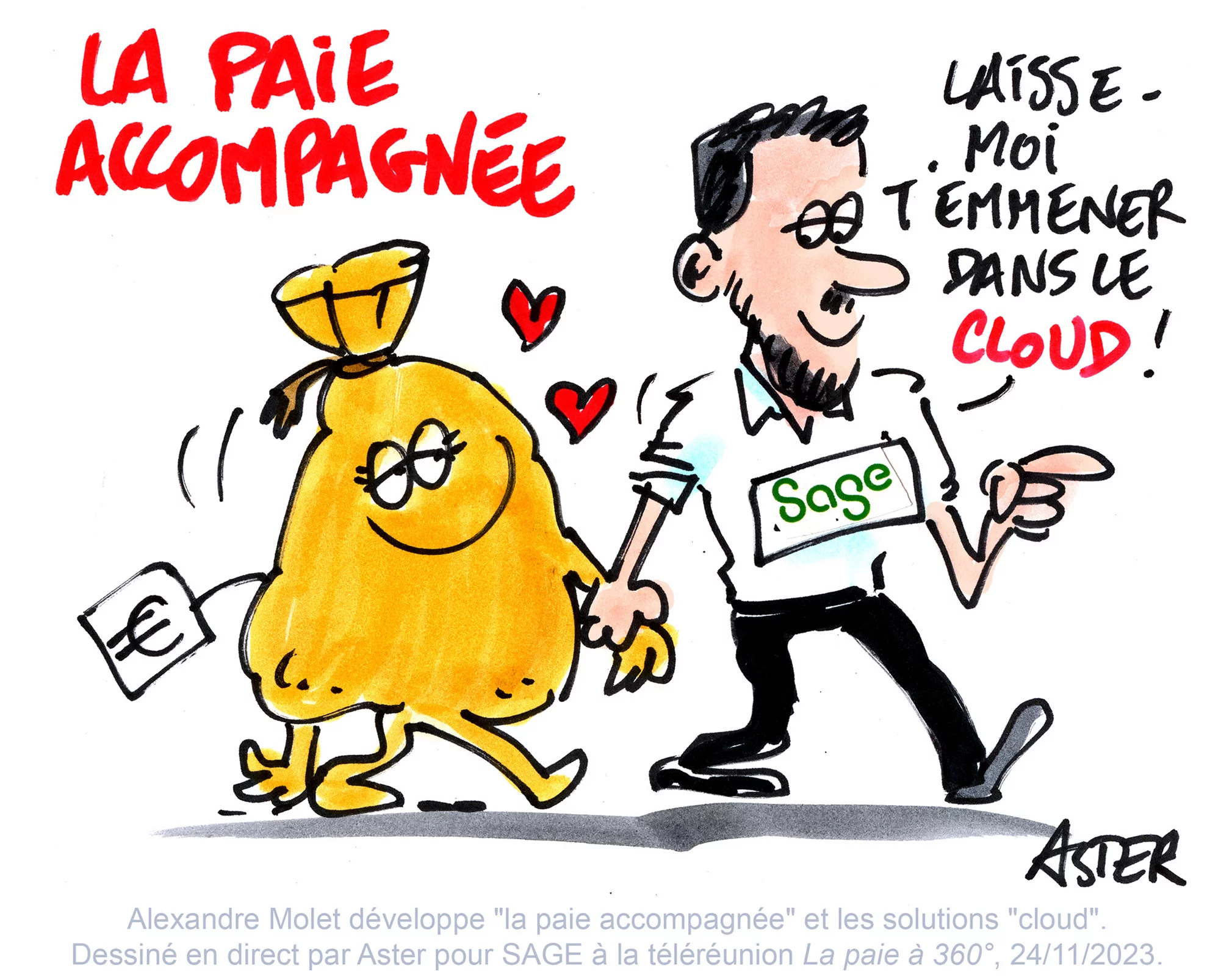 Caricature réalisée en direct lors d'une présentation sur la gestion de la paie en entreprise